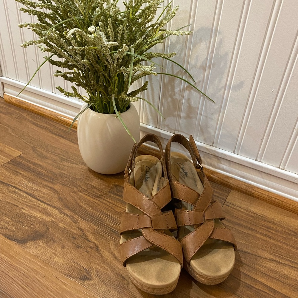 Clark’s Collection Brand, size 8 cognac wedge sandal